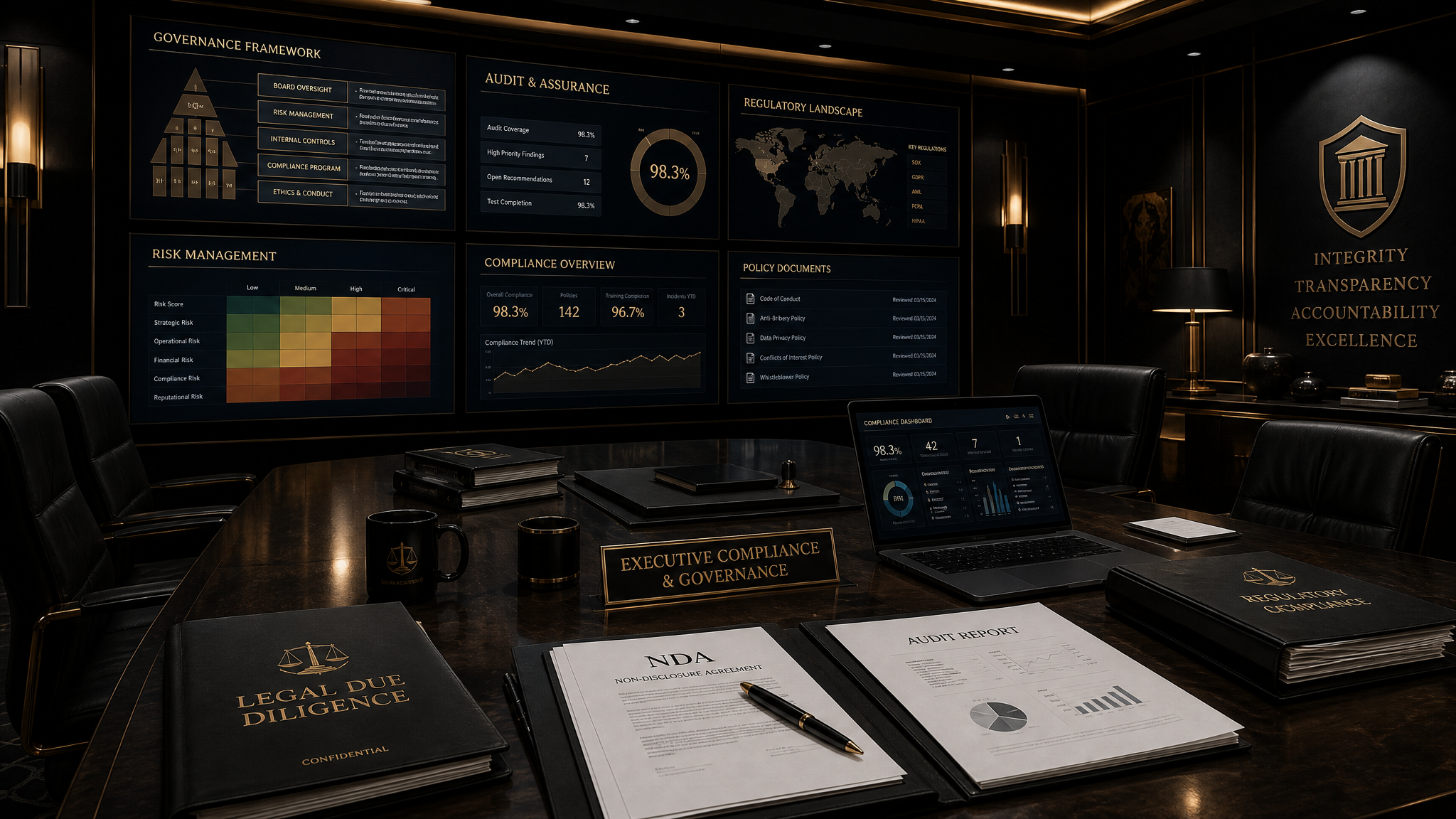 Sala de due diligence com dashboards de governança e compliance